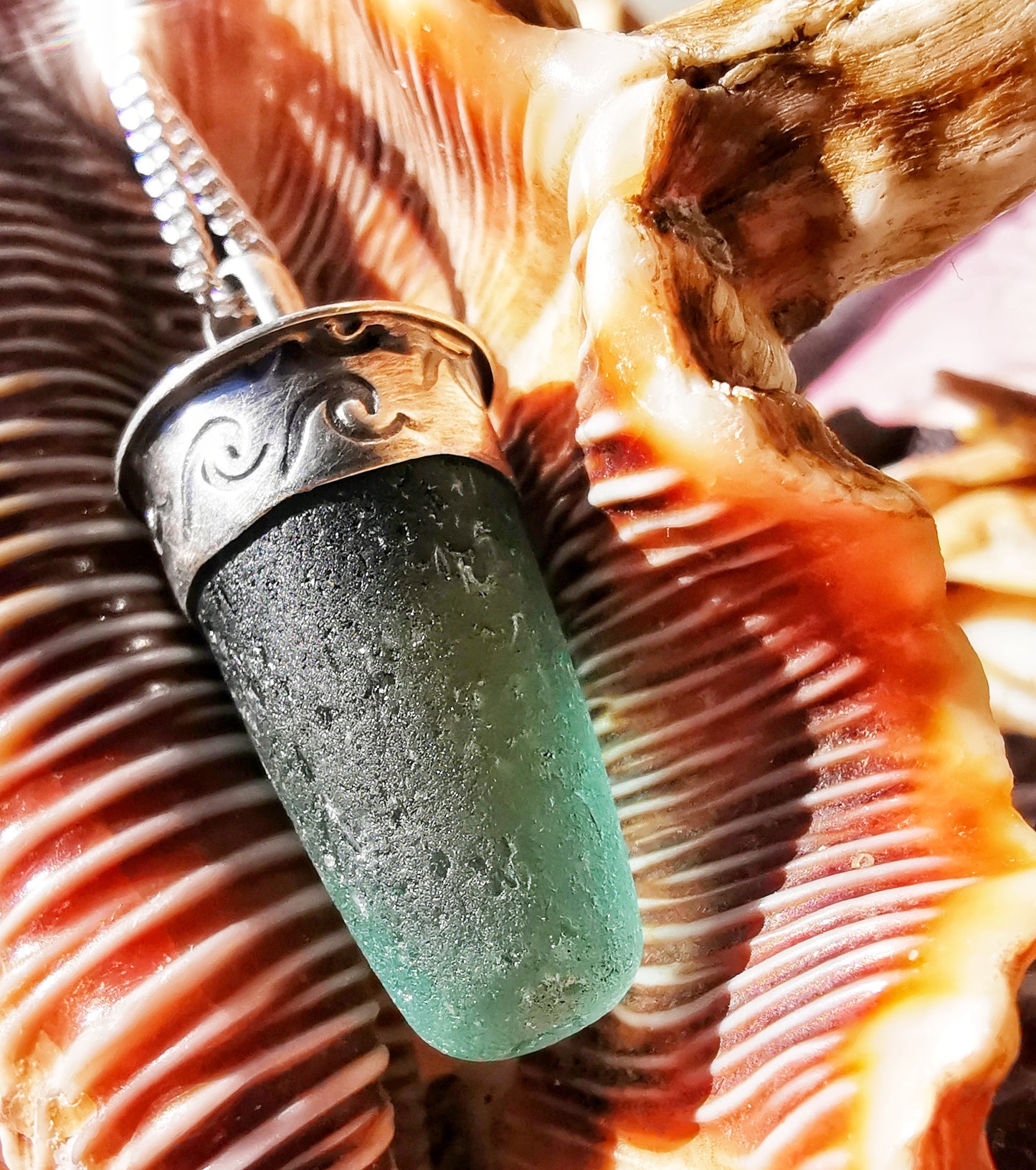 Scottish teal sea glass stopper stem & sterling silver pendant.