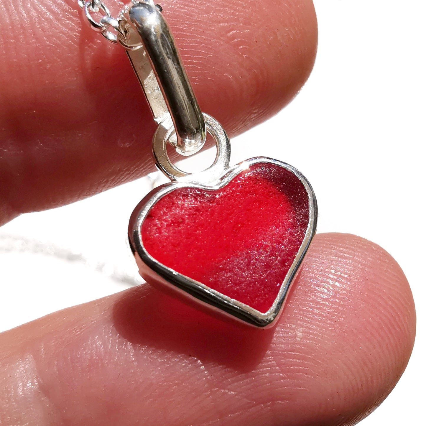Scottish red sea glass heart & sterling silver pendant.