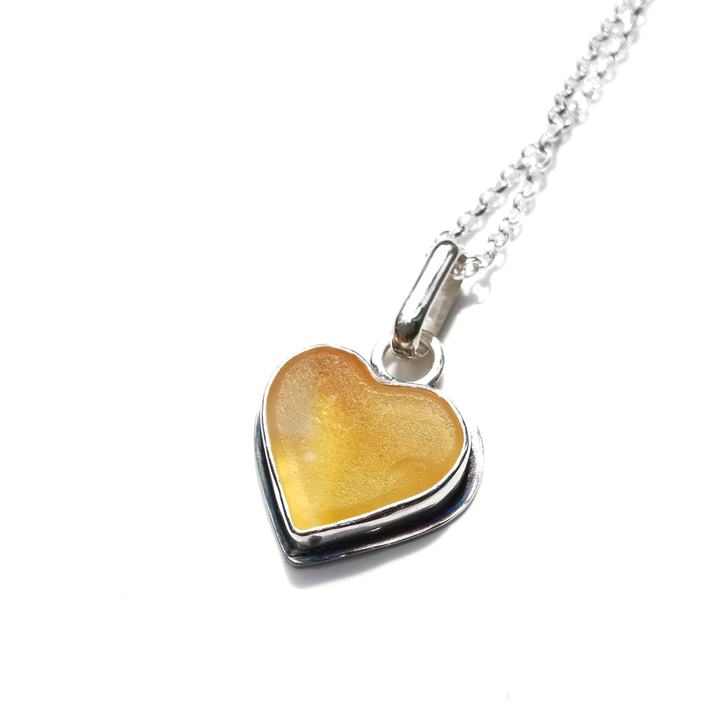 Scottish yellow sea glass heart pendant, sterling silver necklace.