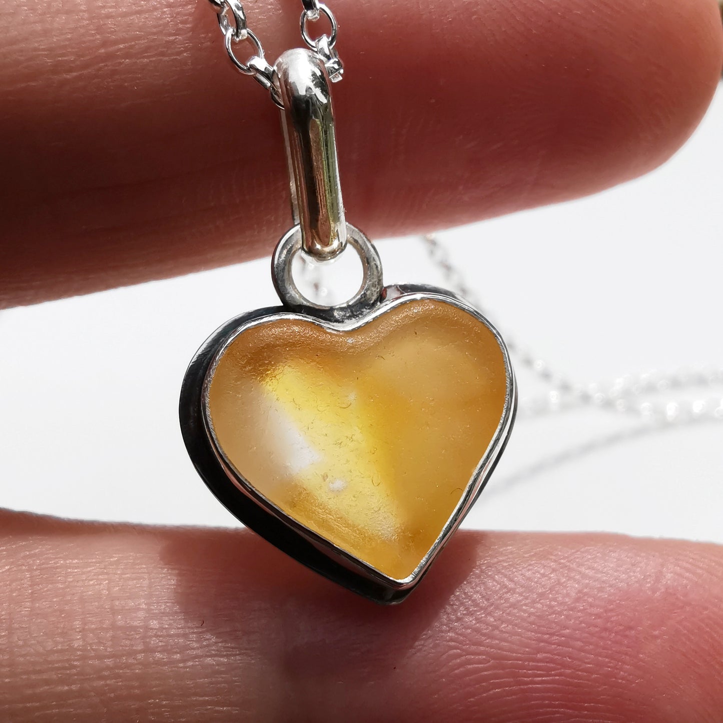 Scottish yellow sea glass heart pendant, sterling silver necklace.