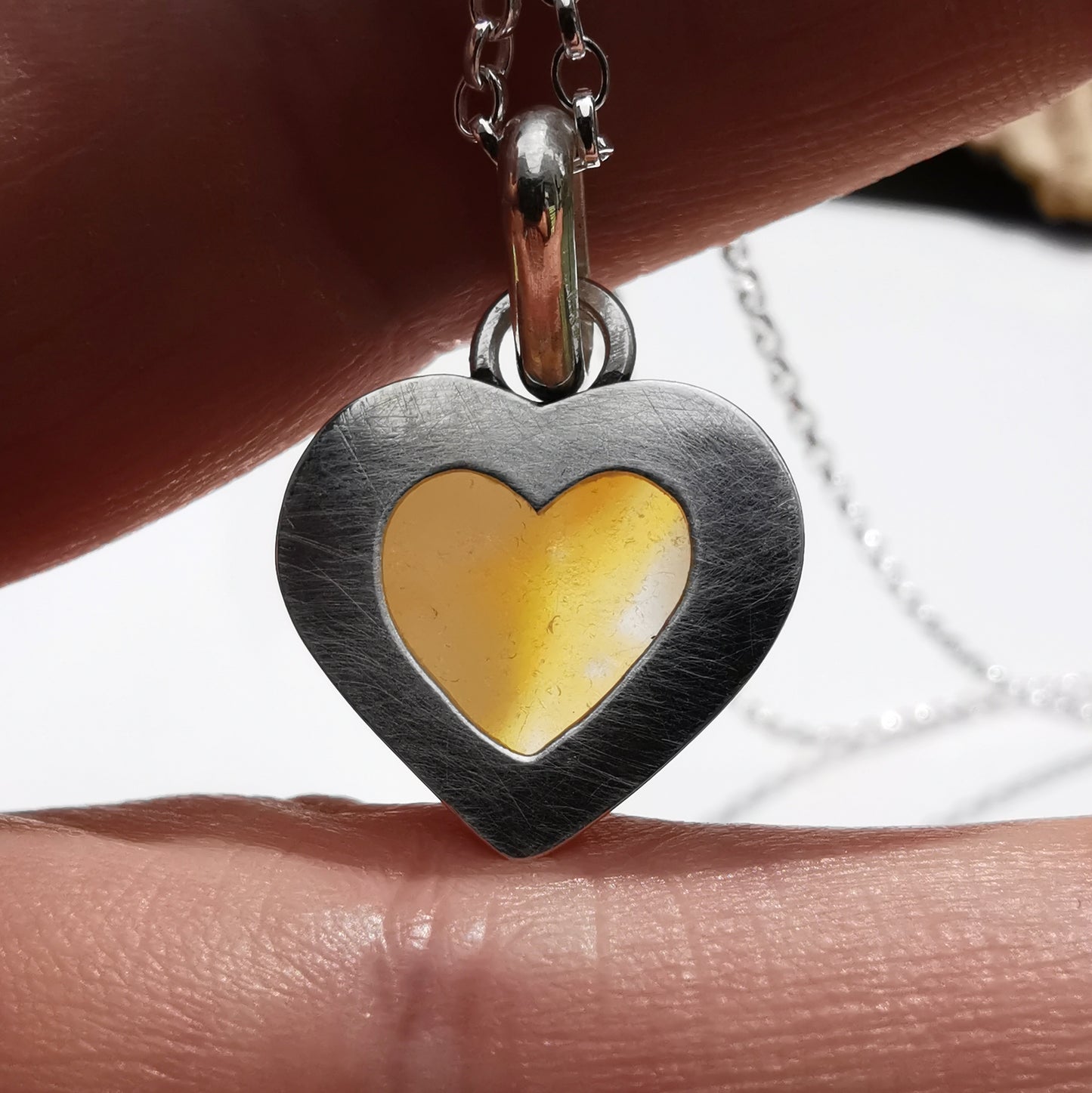 Scottish yellow sea glass heart pendant, sterling silver necklace.