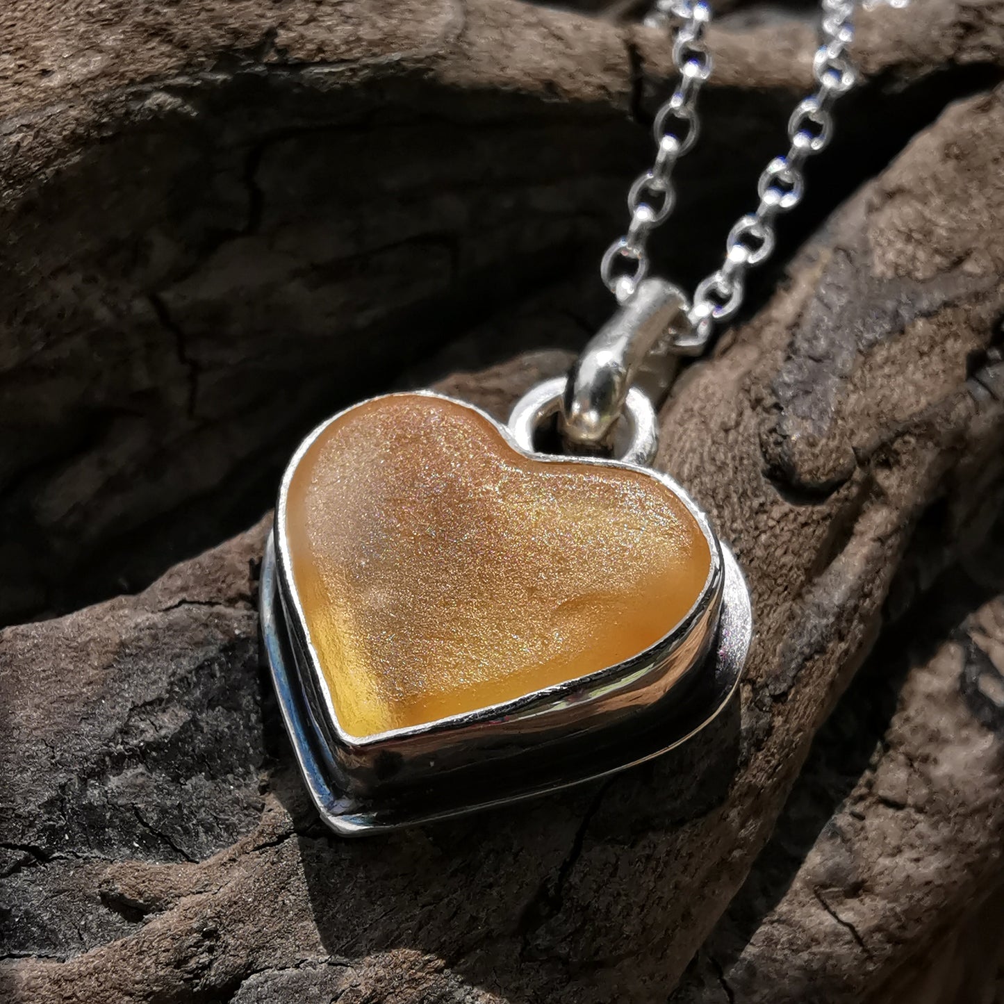 Scottish yellow sea glass heart pendant, sterling silver necklace.
