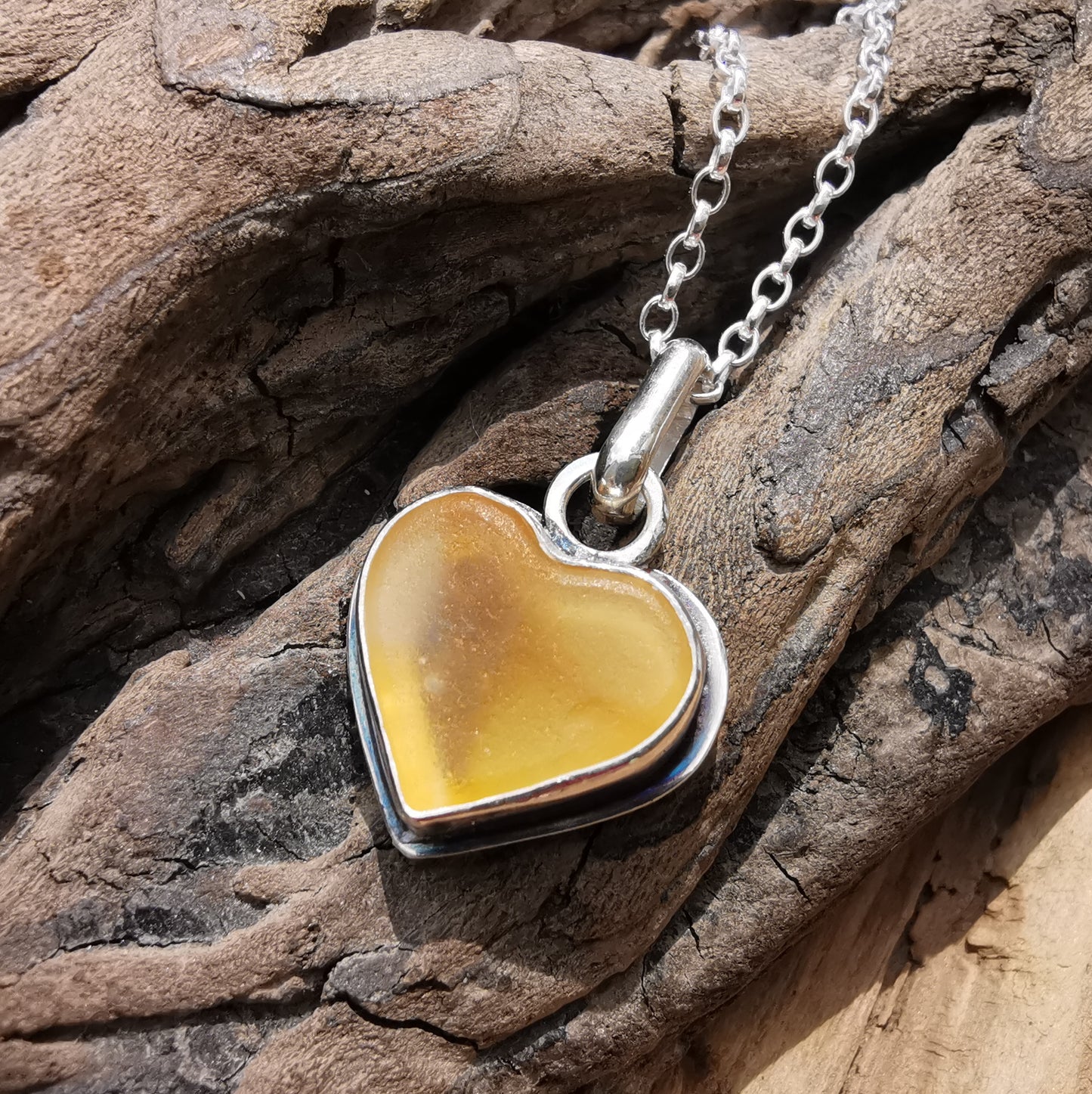 Scottish yellow sea glass heart pendant, sterling silver necklace.