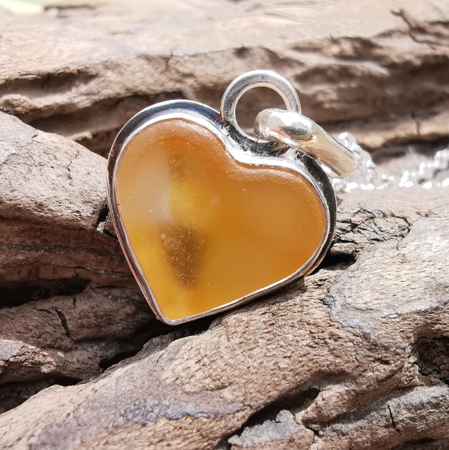 Scottish yellow sea glass heart pendant, sterling silver necklace.