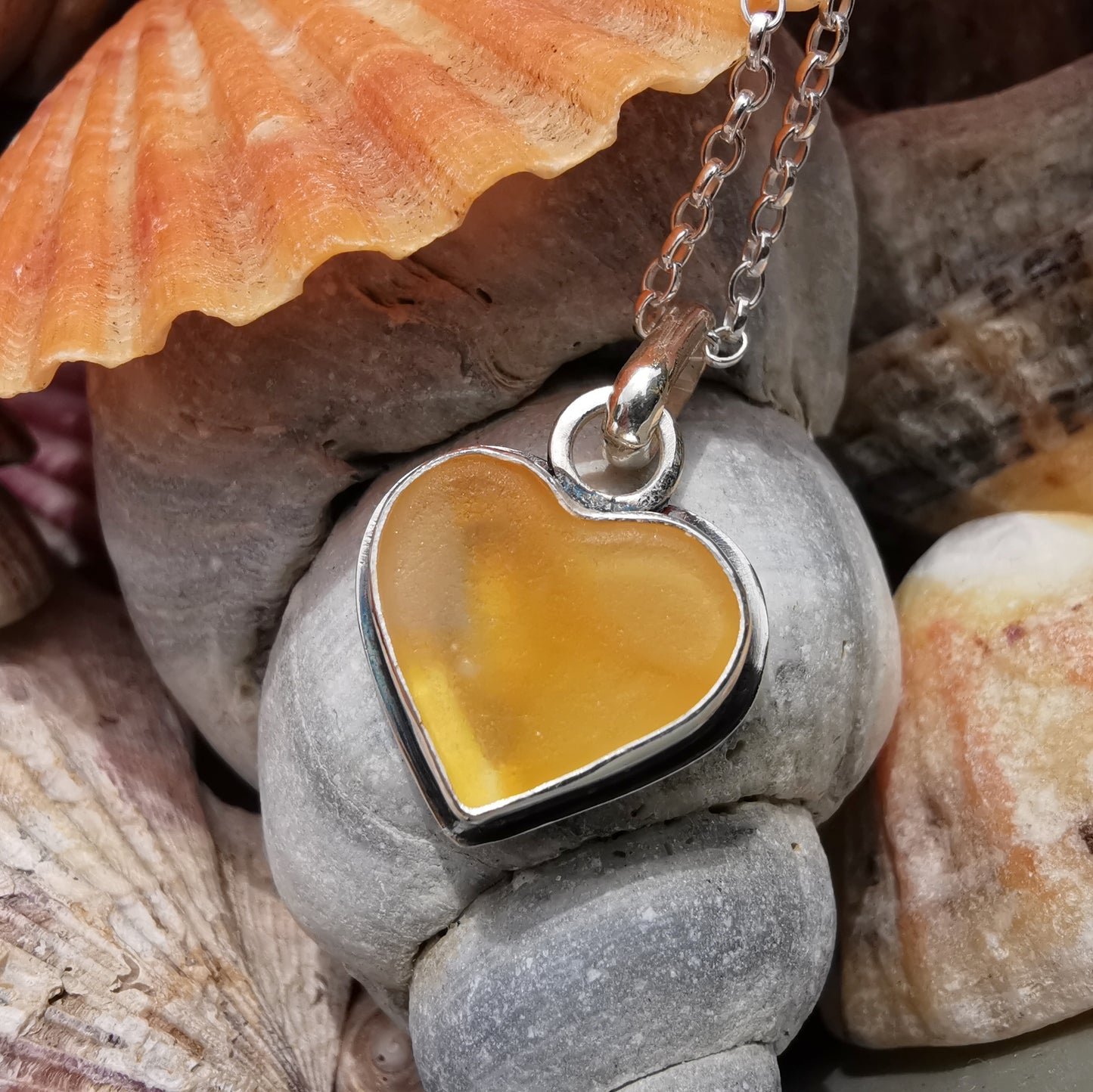 Scottish yellow sea glass heart pendant, sterling silver necklace.