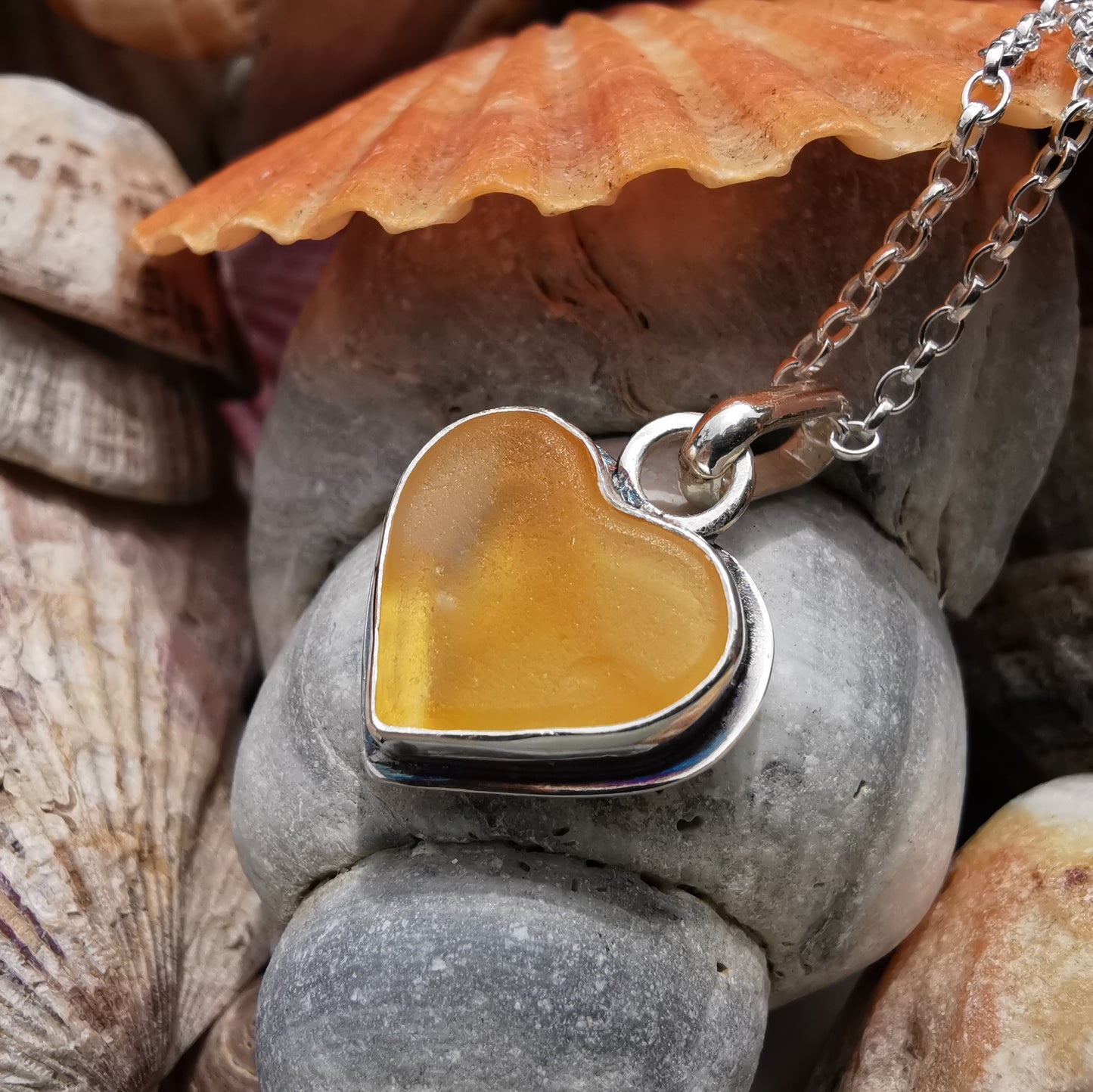 Scottish yellow sea glass heart pendant, sterling silver necklace.