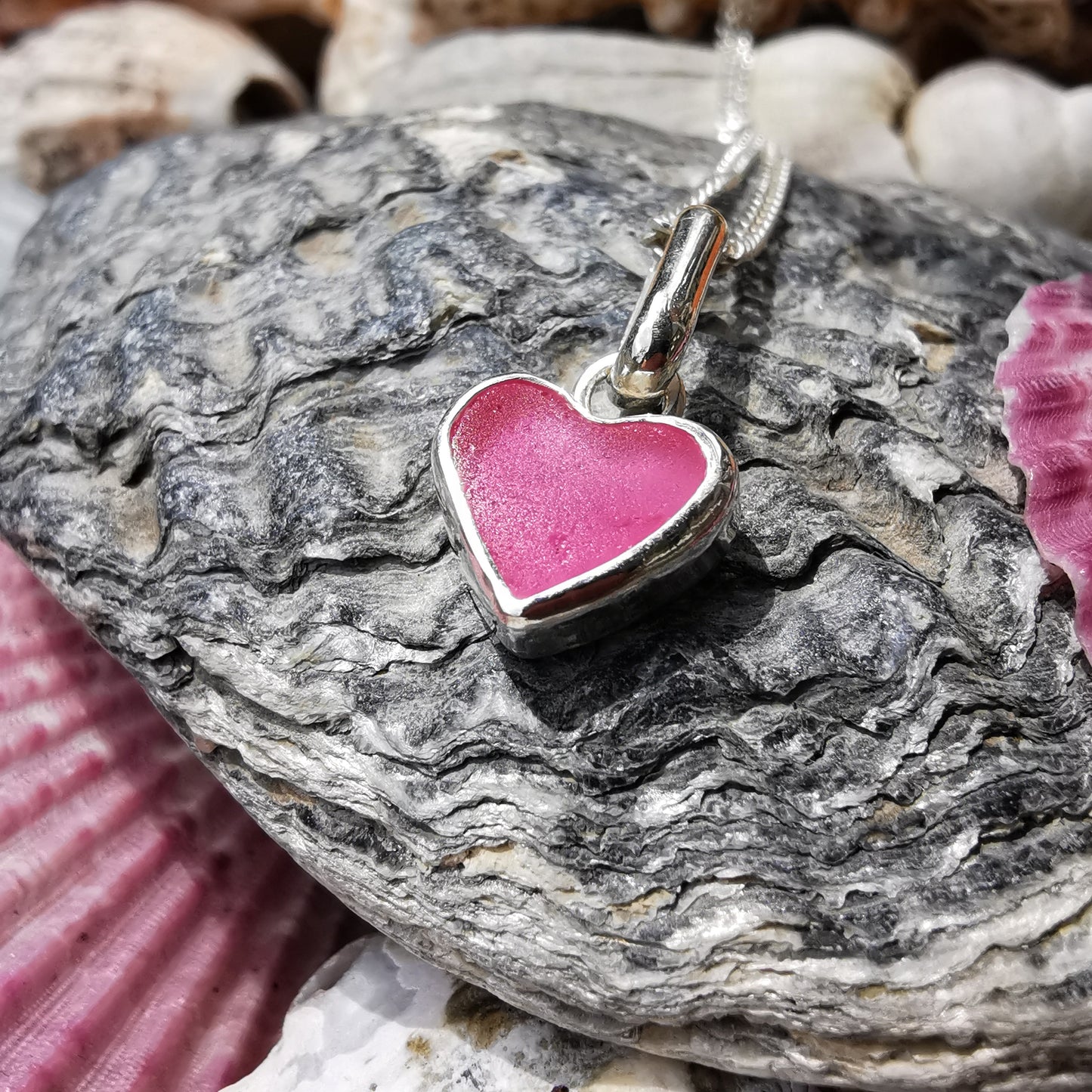 Tiny Scottish pink sea glass heart & sterling silver pendant.