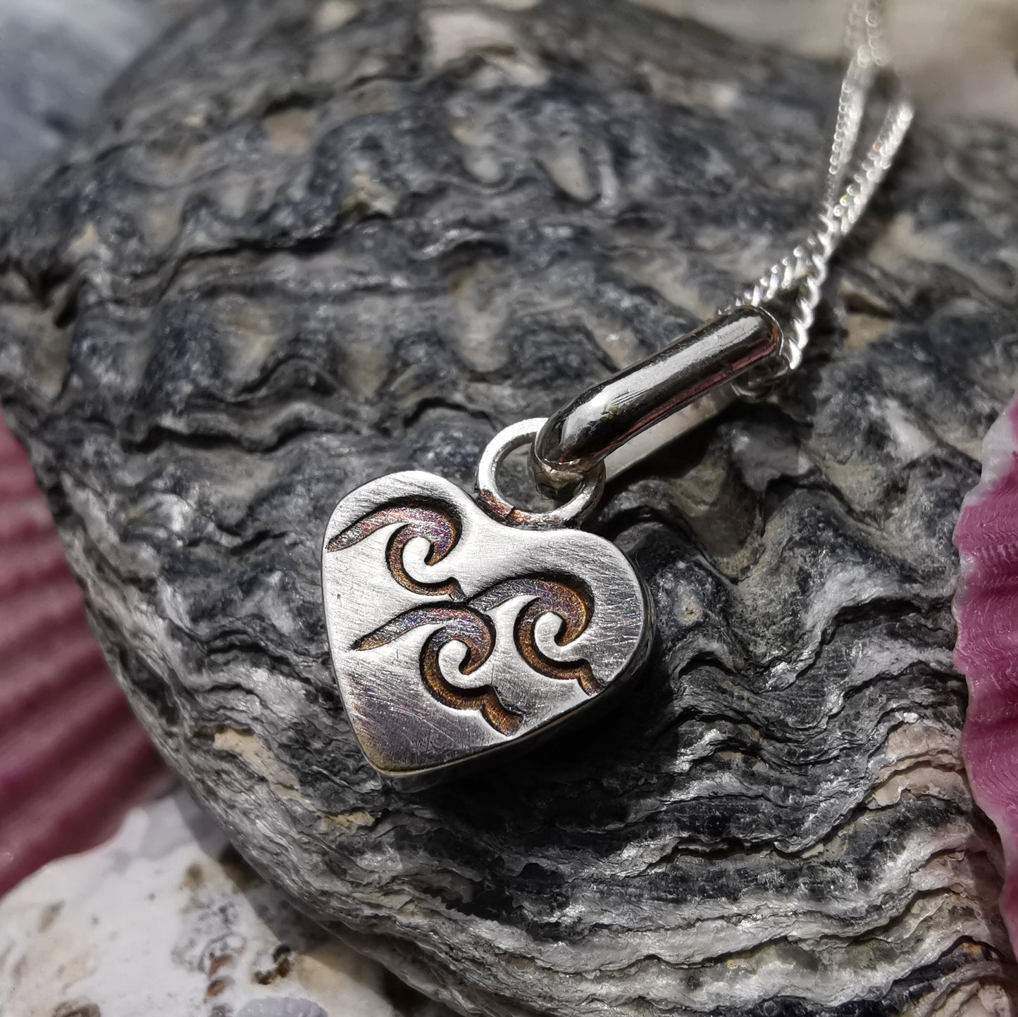 Tiny Scottish pink sea glass heart & sterling silver pendant.