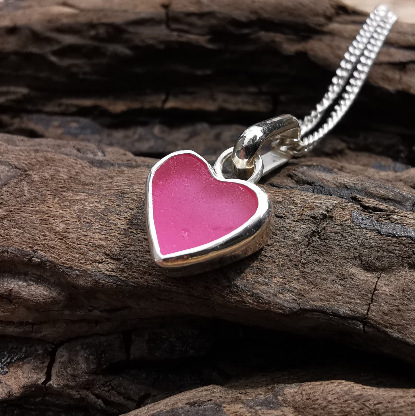 Tiny Scottish pink sea glass heart & sterling silver pendant.