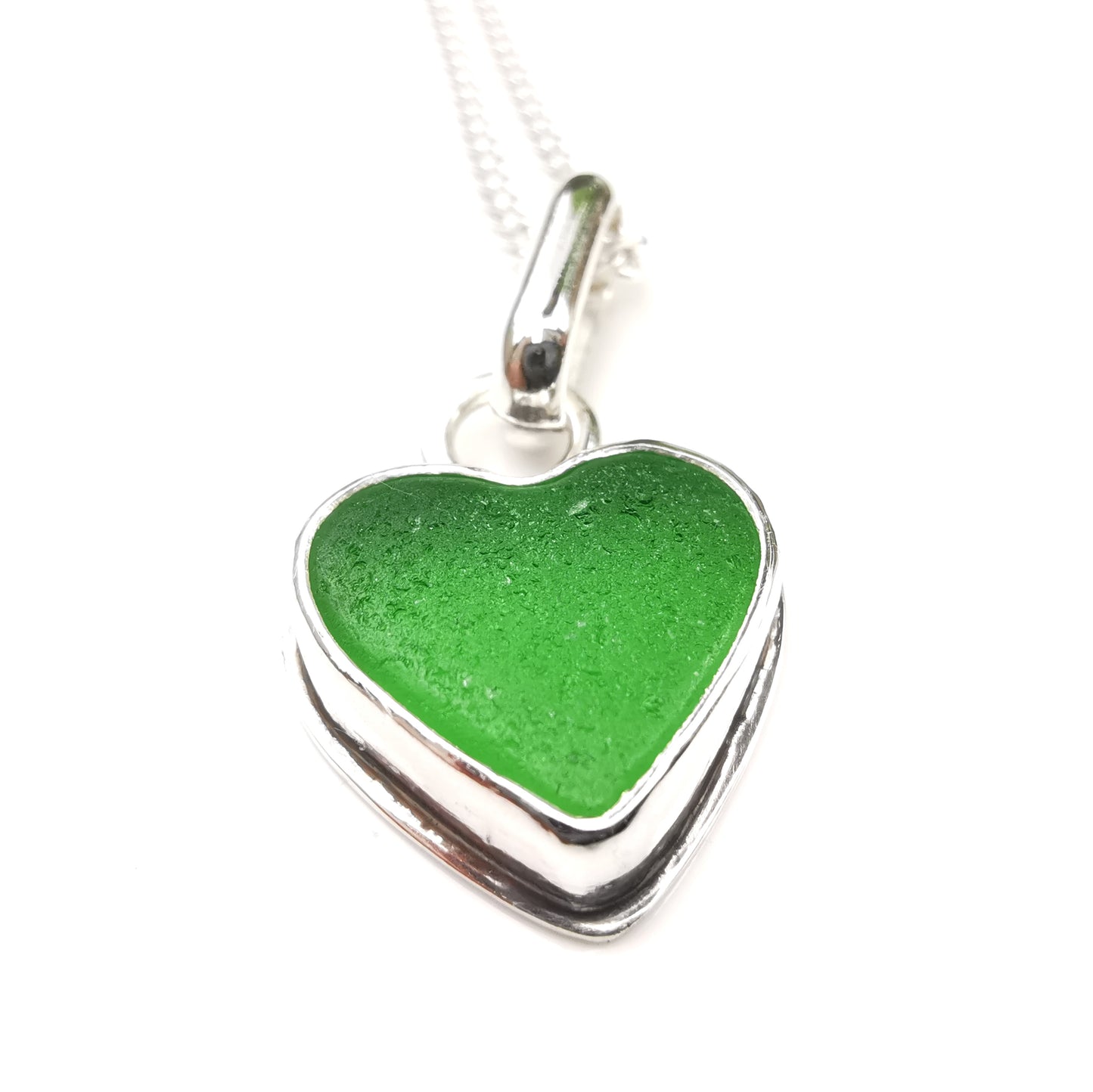 Scottish green sea glass heart & sterling silver pendant.