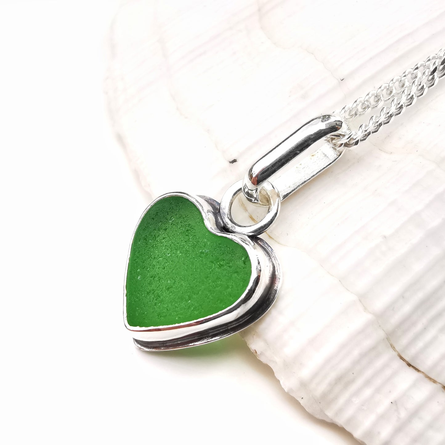 Scottish green sea glass heart & sterling silver pendant.