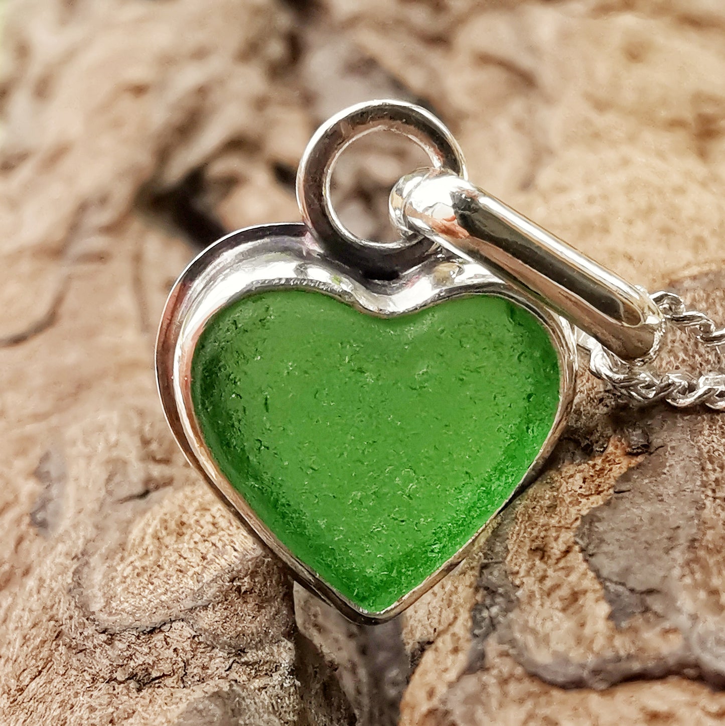 Scottish green sea glass heart & sterling silver pendant.