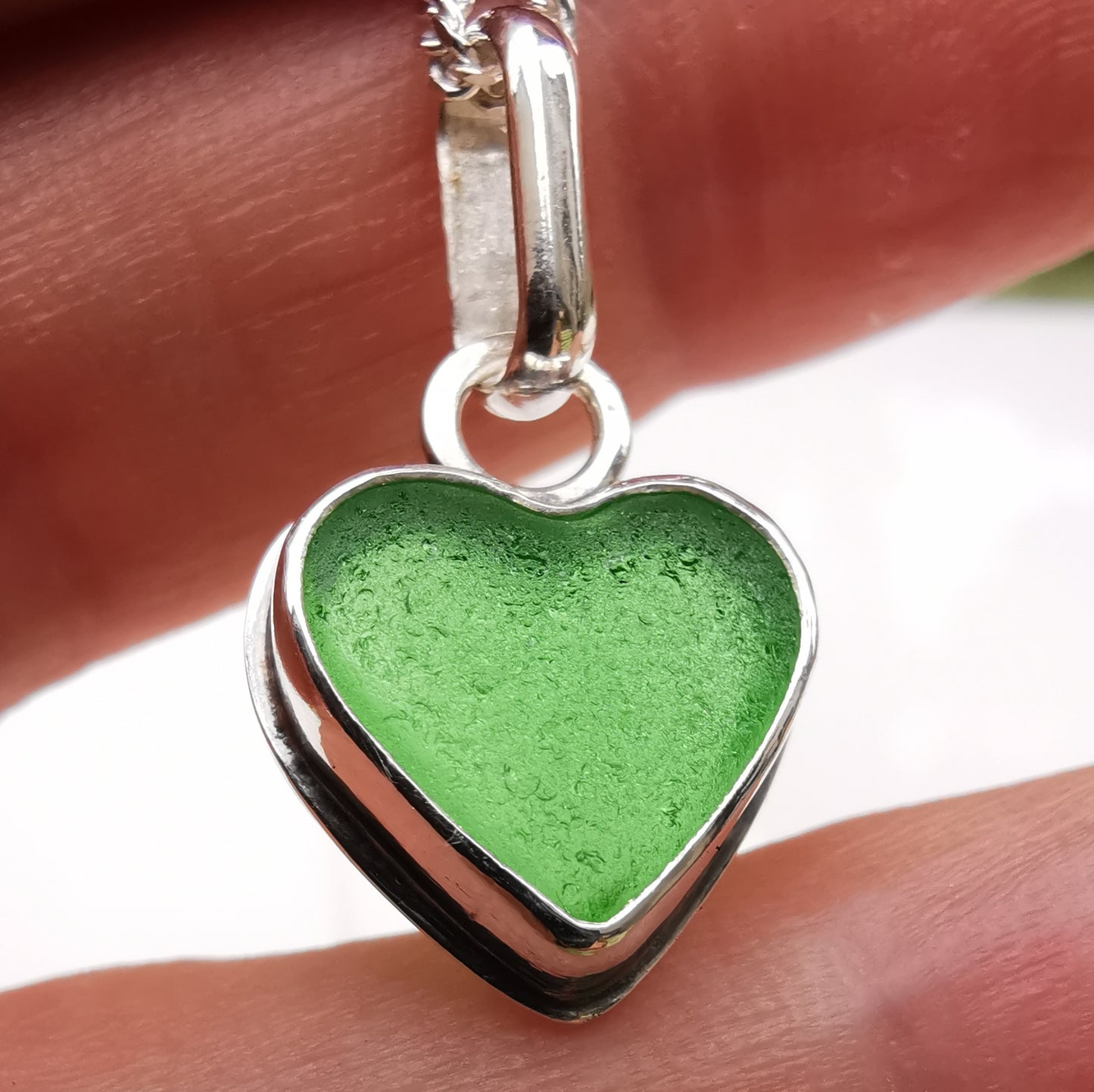 Scottish green sea glass heart & sterling silver pendant.