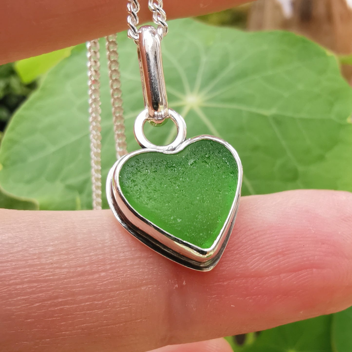 Scottish green sea glass heart & sterling silver pendant.