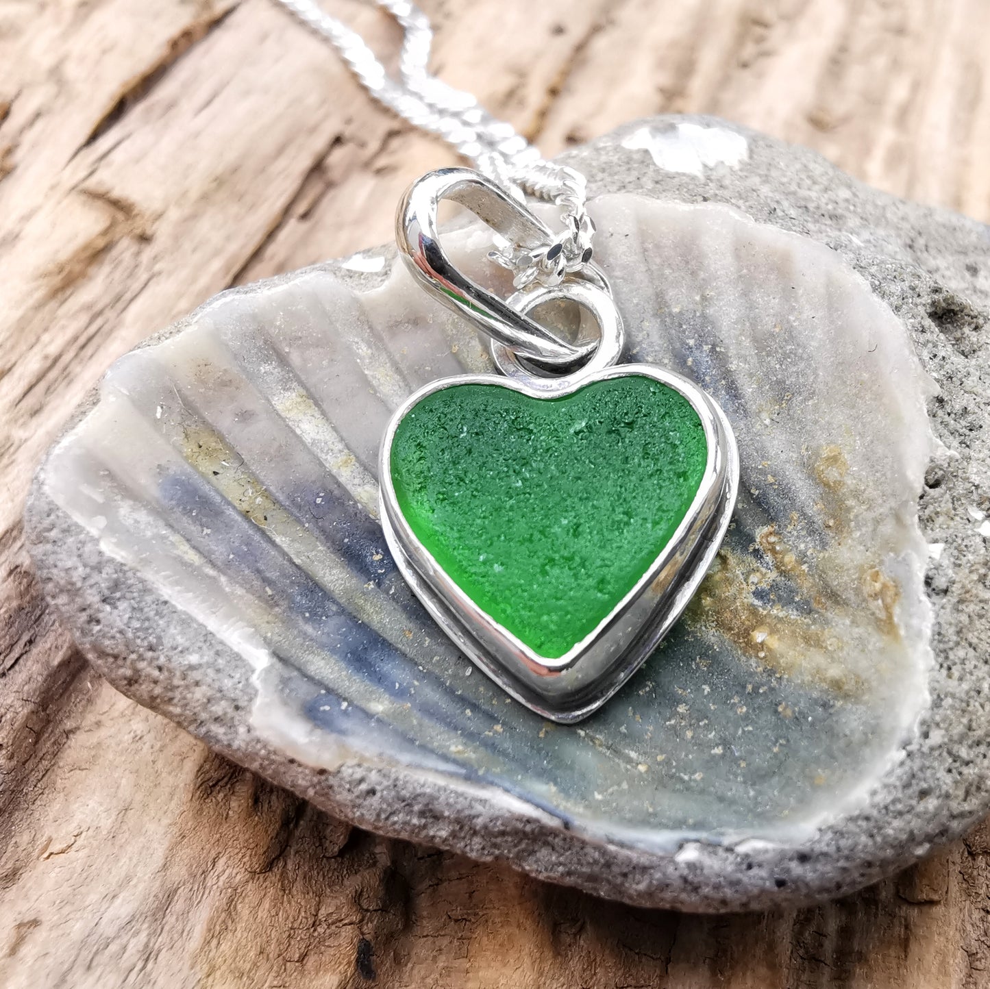 Scottish green sea glass heart & sterling silver pendant.