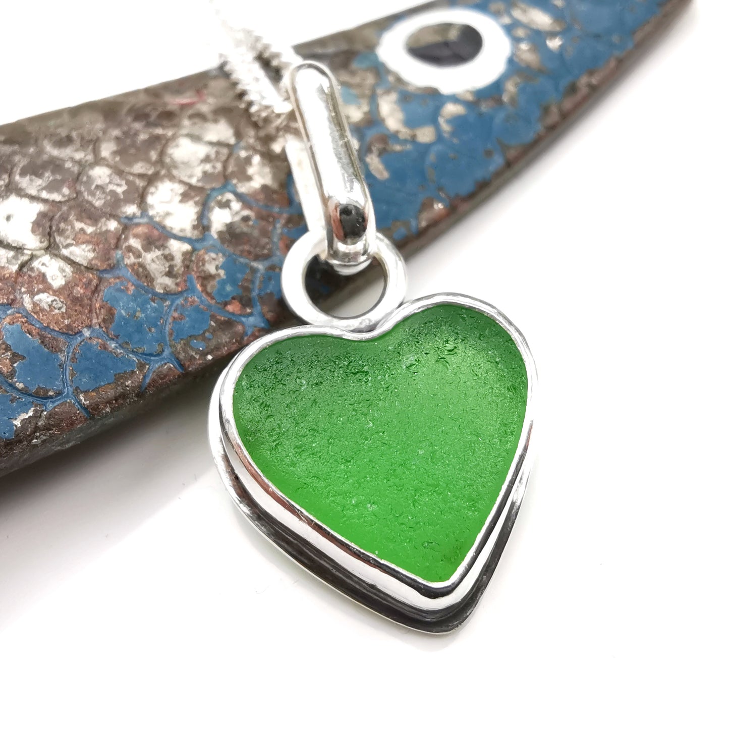 Scottish green sea glass heart & sterling silver pendant.