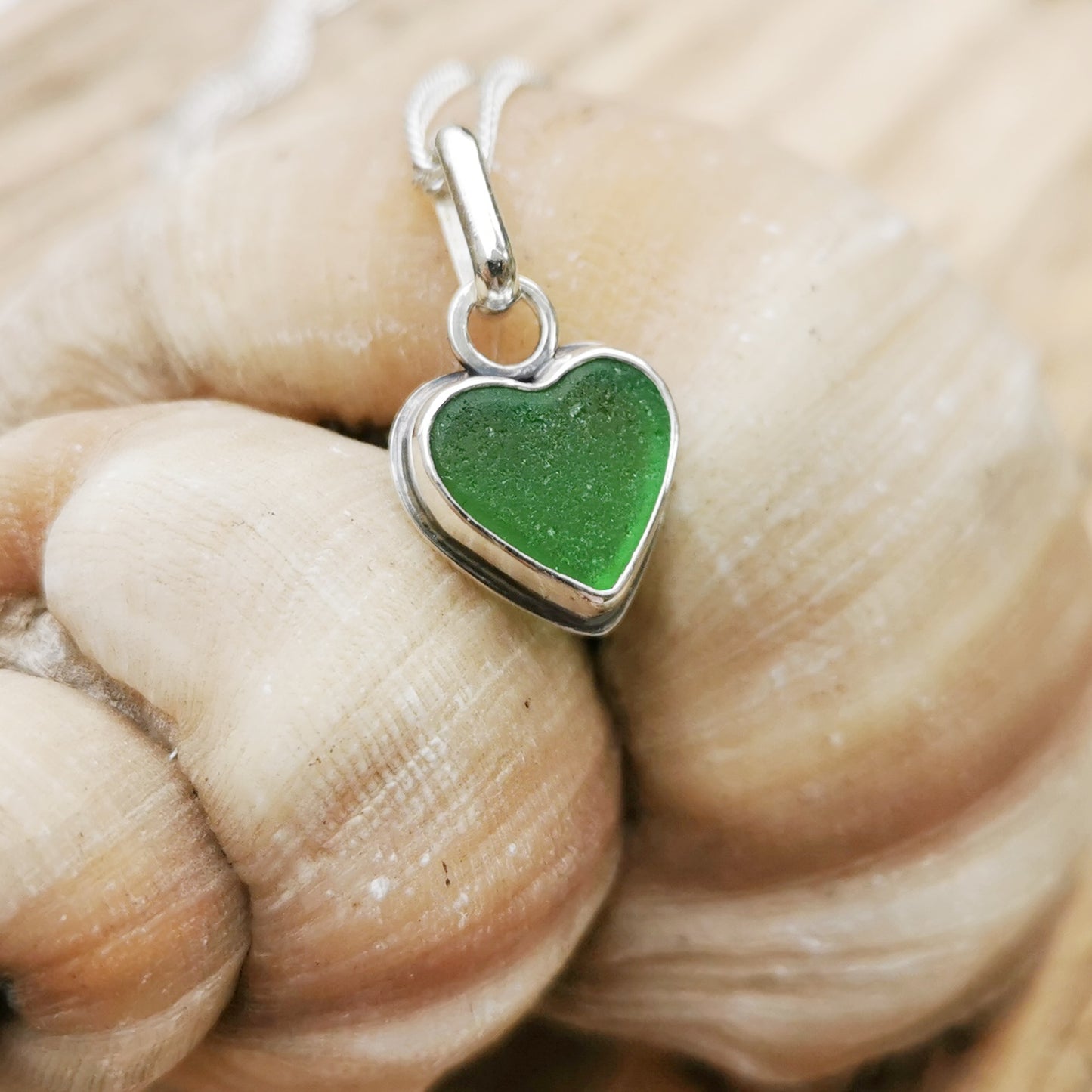 Scottish green sea glass heart & sterling silver pendant.