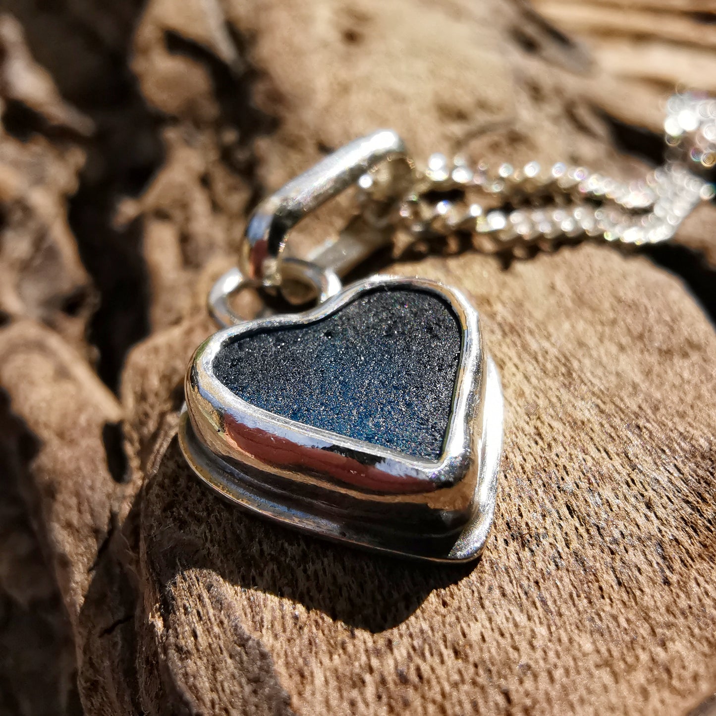 Tiny Scottish teal blue sea glass heart & sterling silver pendant.