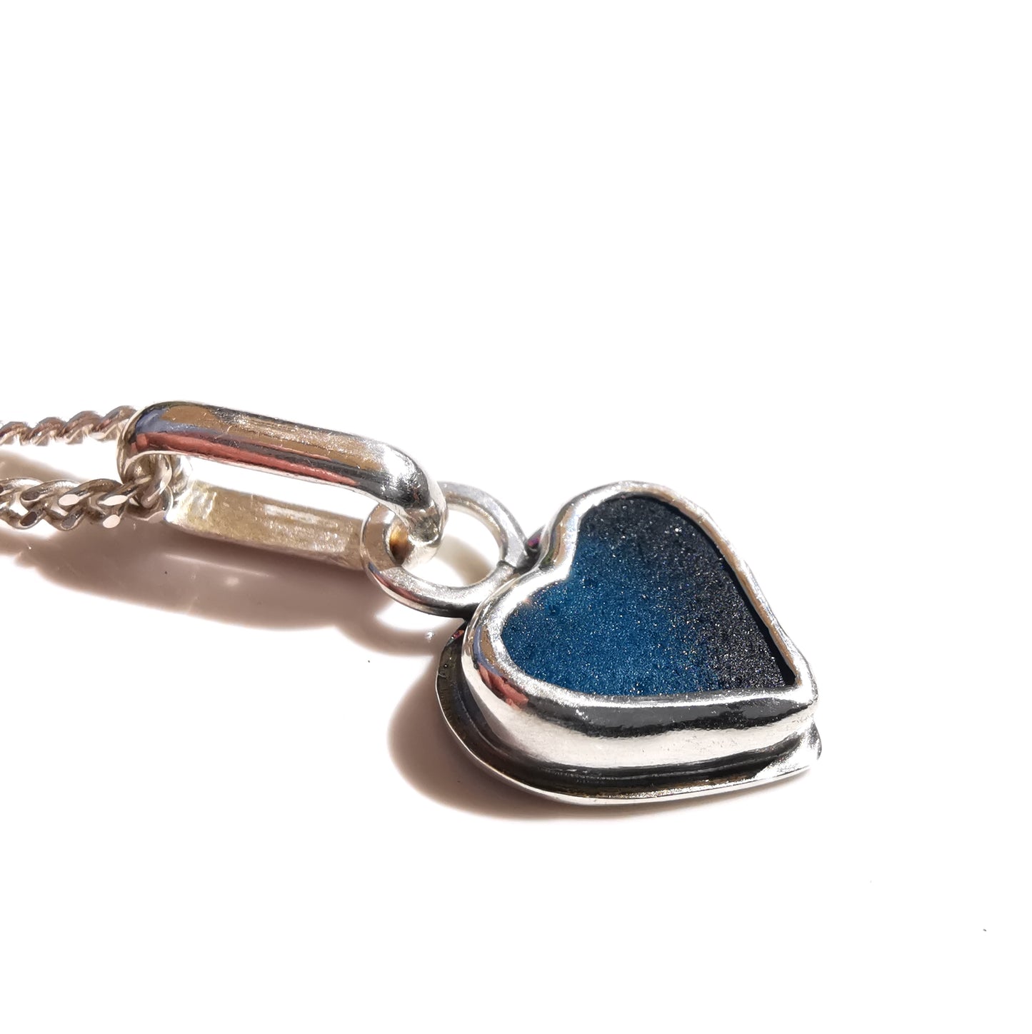 Tiny Scottish teal blue sea glass heart & sterling silver pendant.