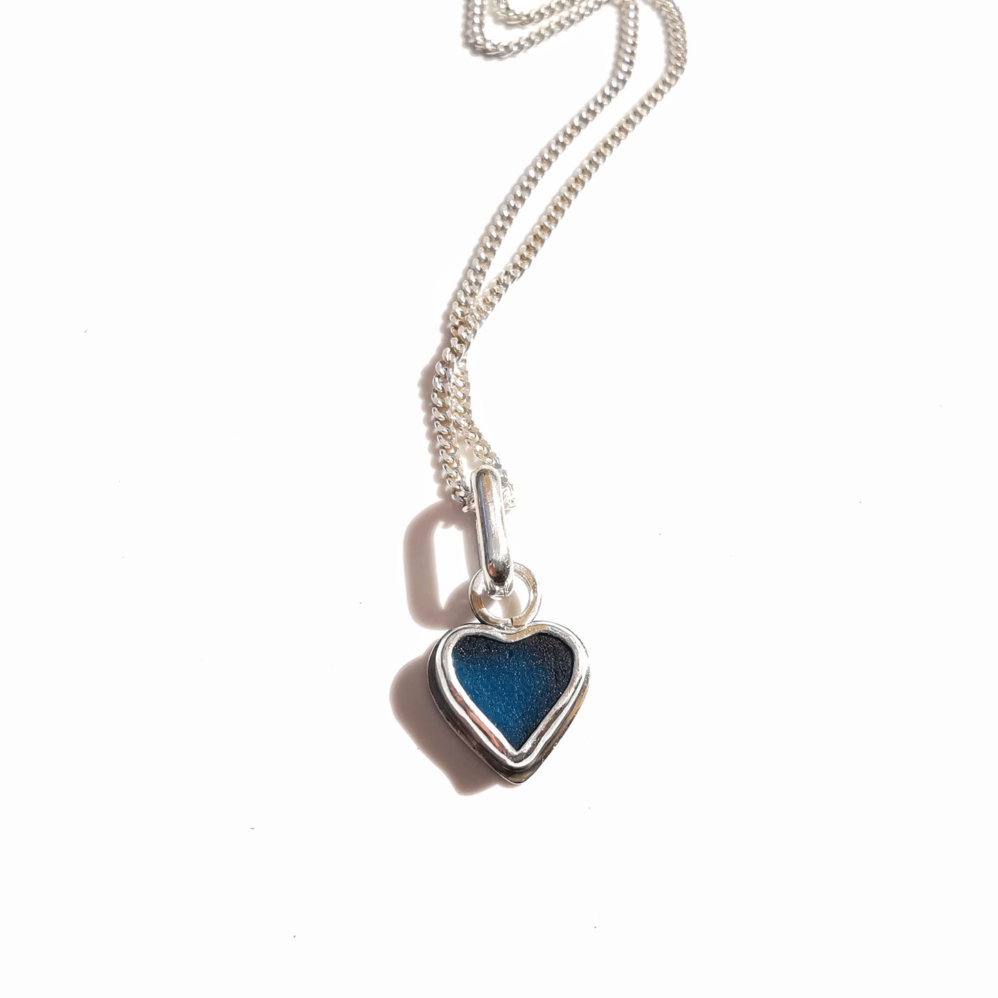 Tiny Scottish teal blue sea glass heart & sterling silver pendant.