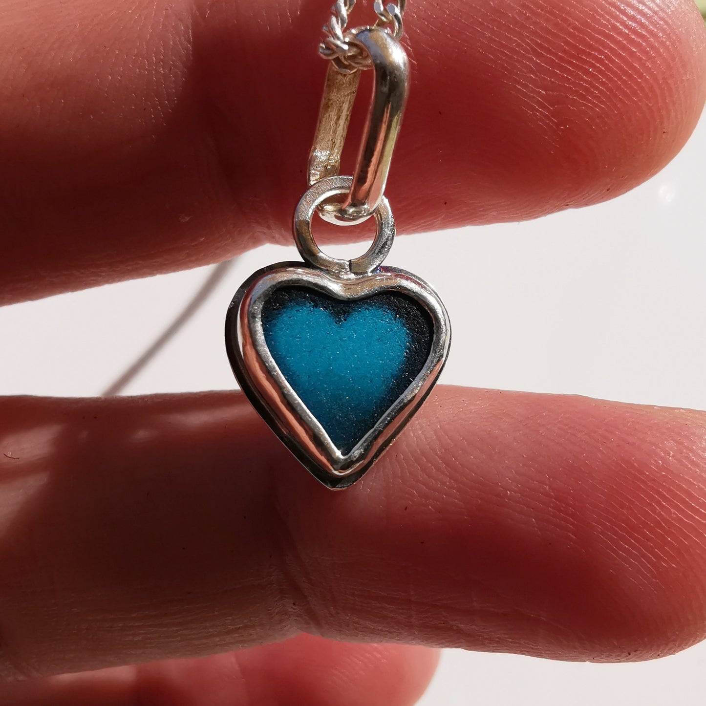 Tiny Scottish teal blue sea glass heart & sterling silver pendant.