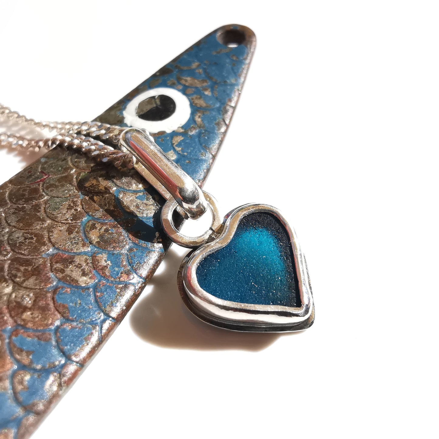 Tiny Scottish teal blue sea glass heart & sterling silver pendant.