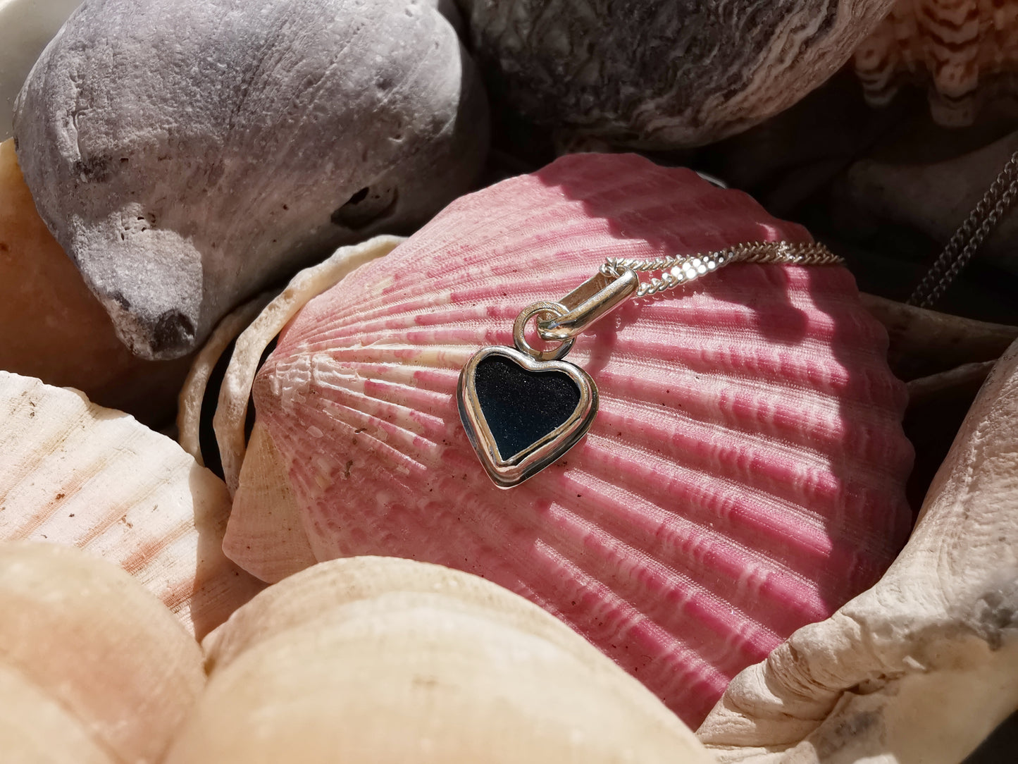 Tiny Scottish teal blue sea glass heart & sterling silver pendant.