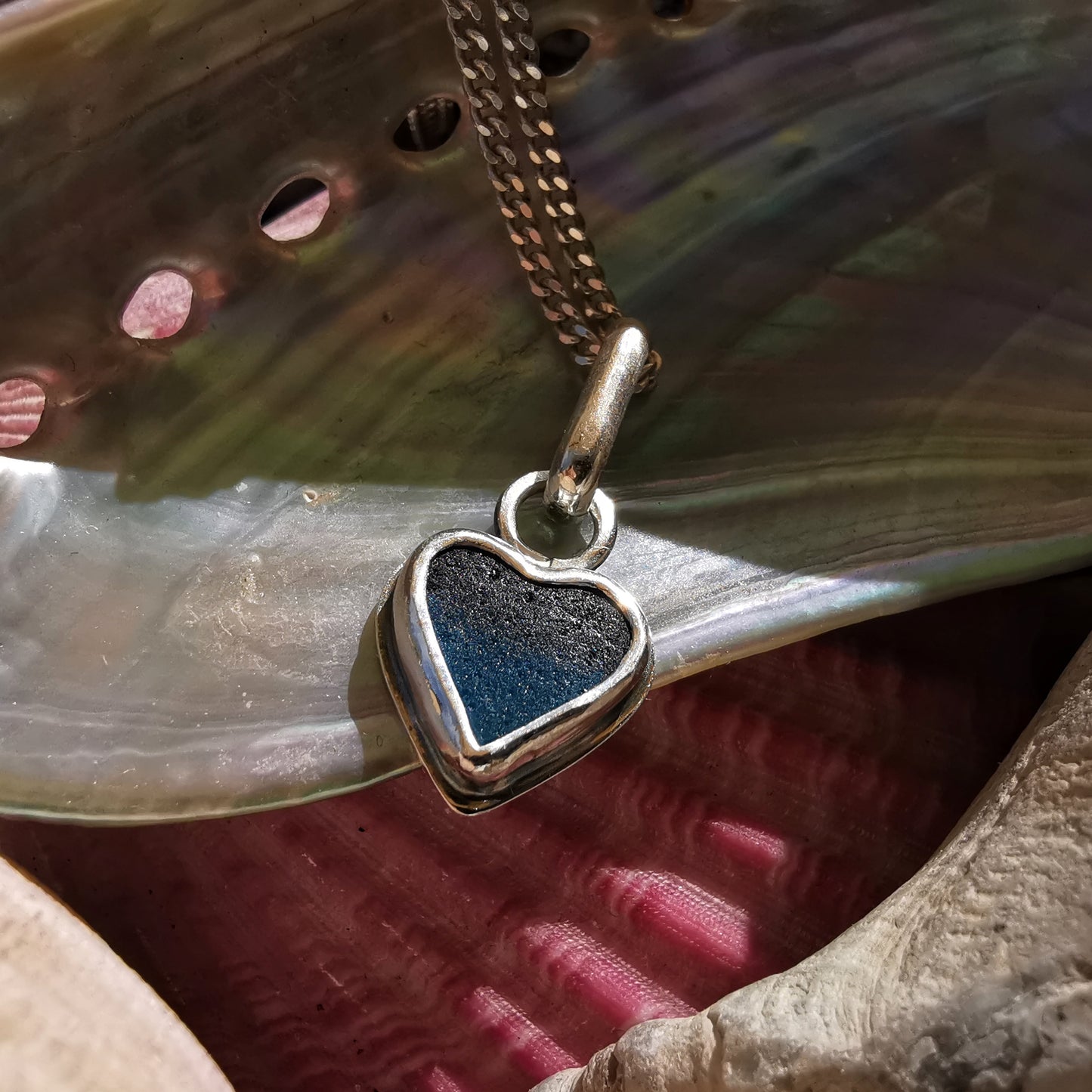 Tiny Scottish teal blue sea glass heart & sterling silver pendant.