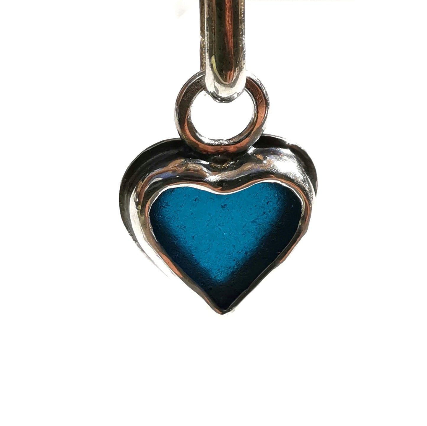 Tiny Scottish teal blue sea glass heart & sterling silver pendant.