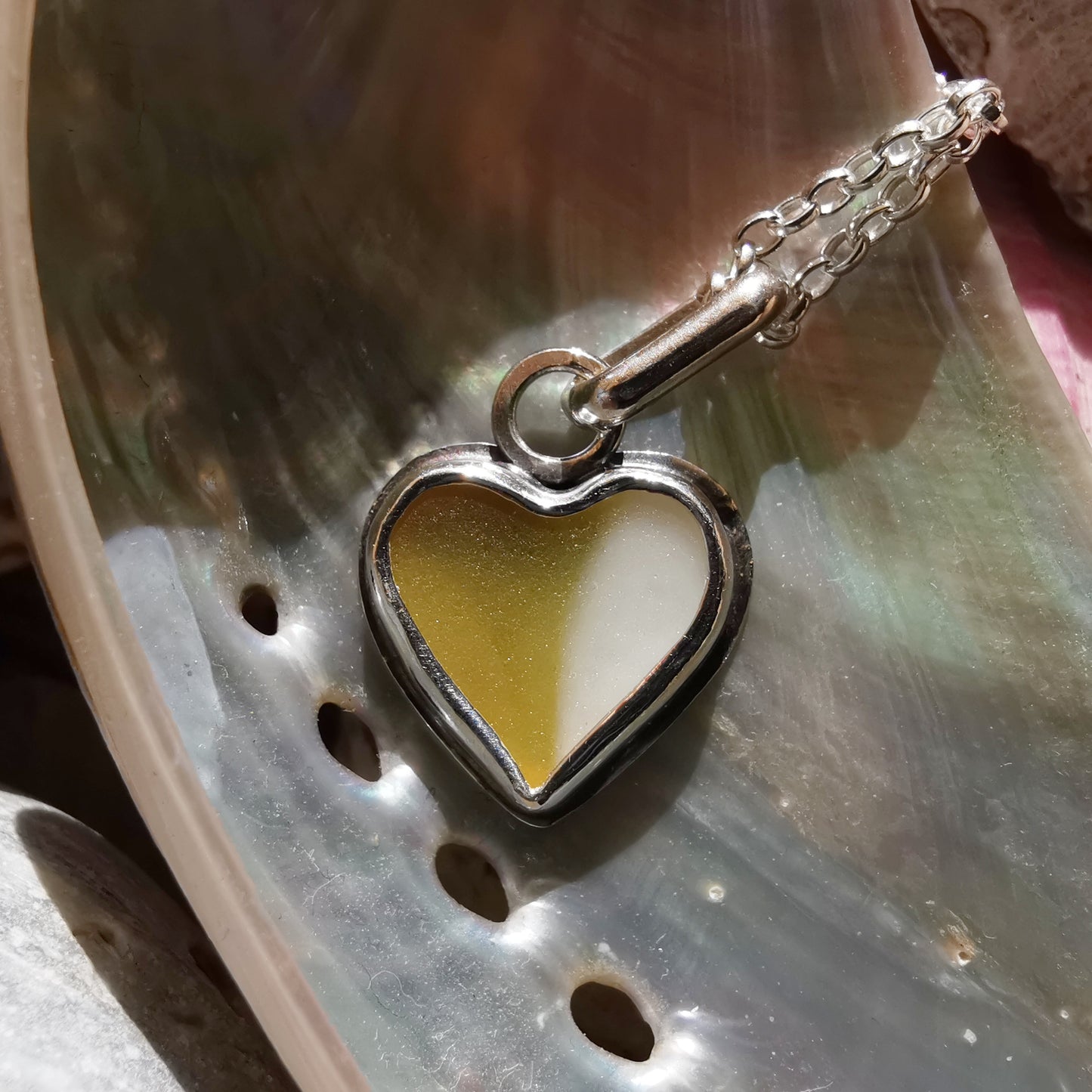 Scottish multi coloured sea glass heart & sterling silver pendant.