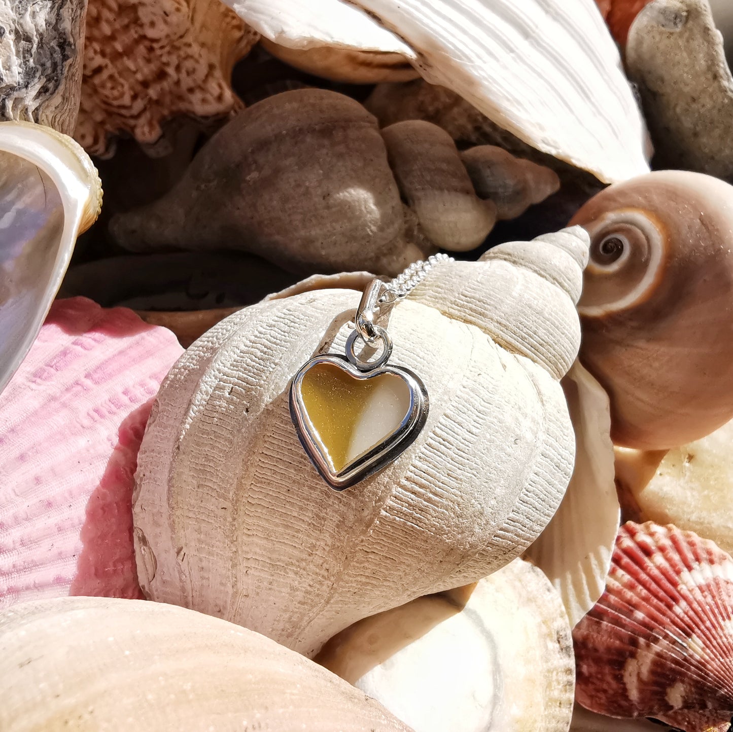 Scottish multi coloured sea glass heart & sterling silver pendant.