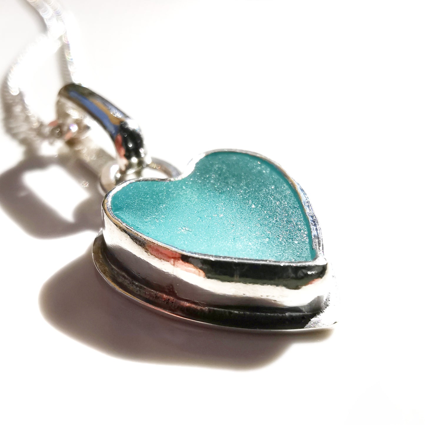 Scottish aqua blue sea glass heart & sterling silver pendant.