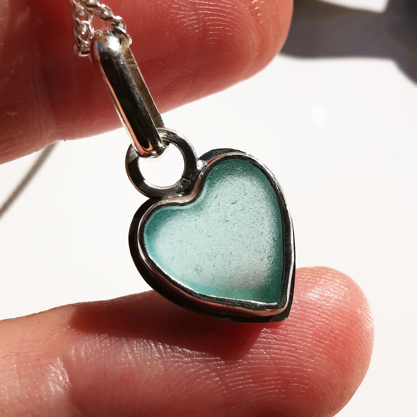 Scottish aqua blue sea glass heart & sterling silver pendant.