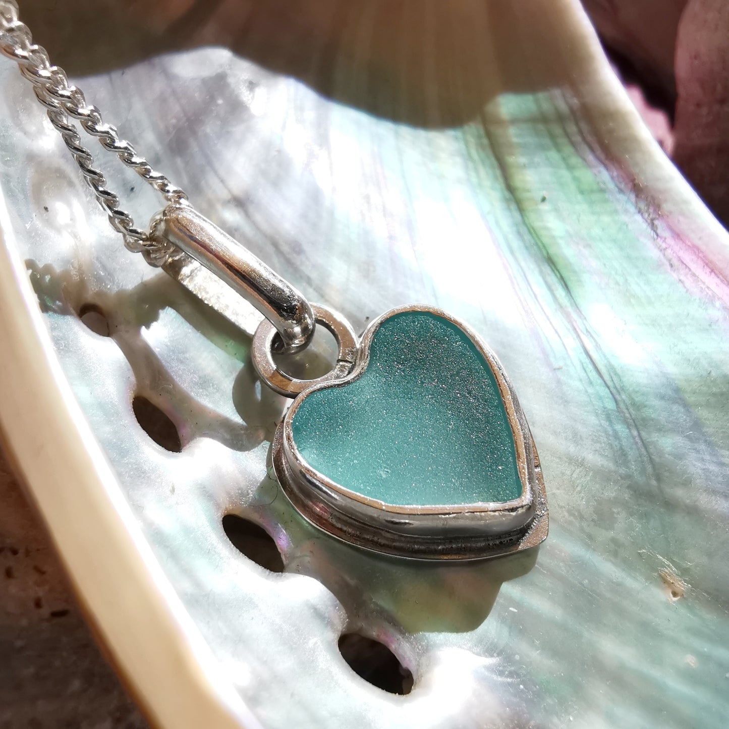 Scottish aqua blue sea glass heart & sterling silver pendant.