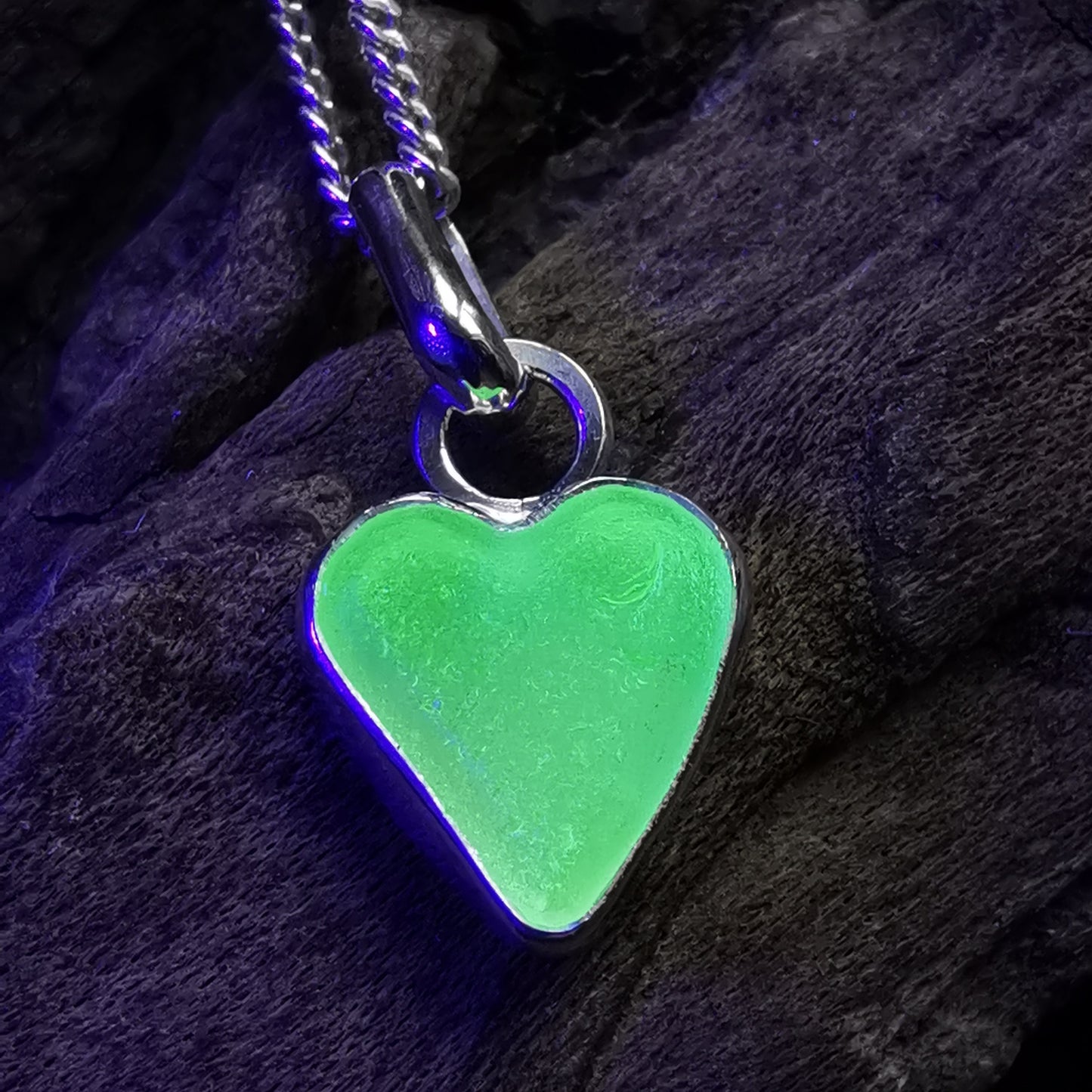 Scottish UV sea glass heart & sterling silver pendant.