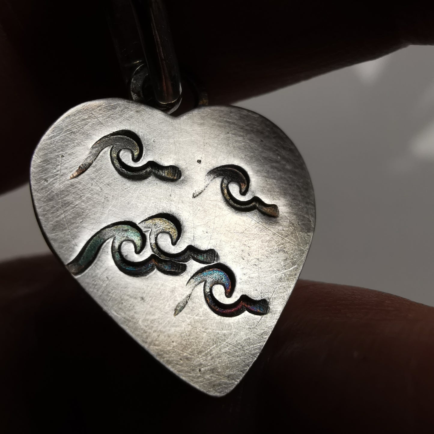 Blue and white sea pottery heart & sterling silver pendant.