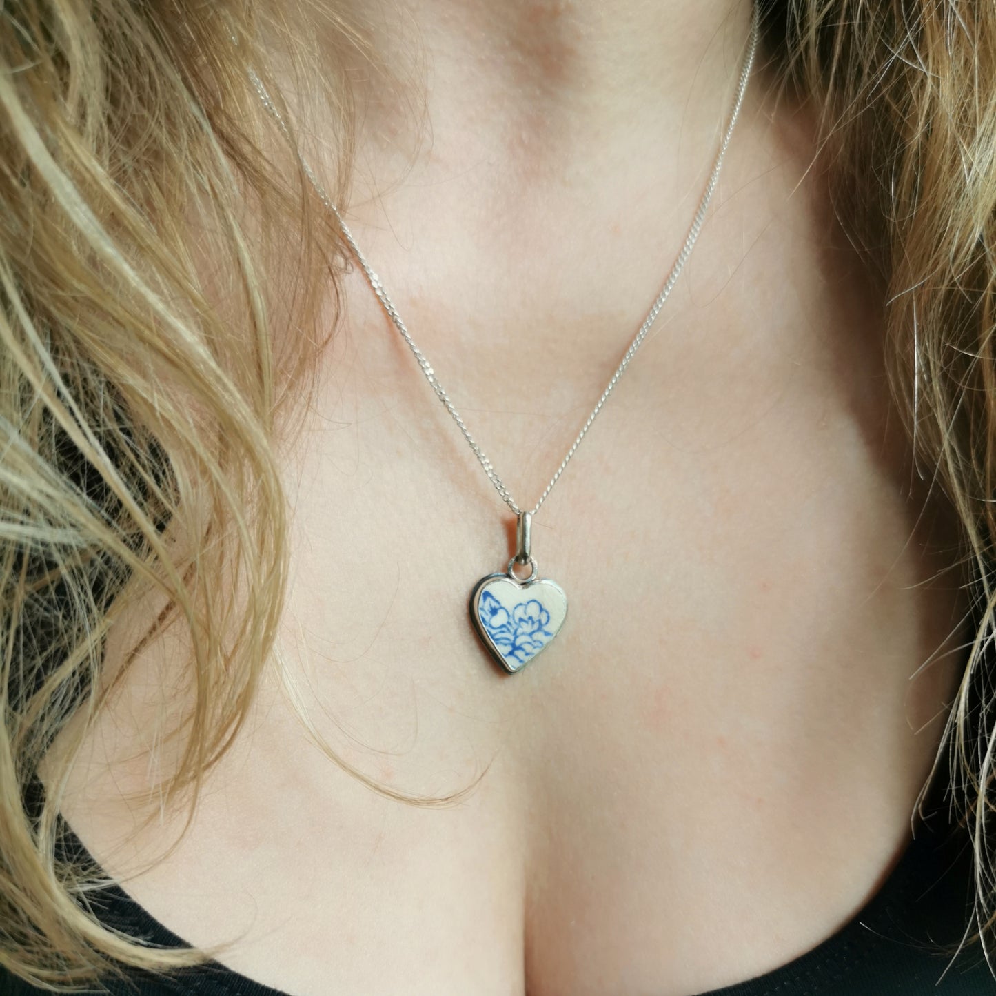 Blue and white sea pottery heart & sterling silver pendant.