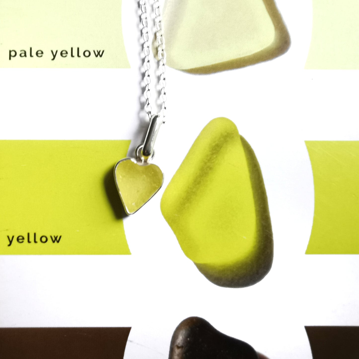 Scottish yellow UV sea glass & sterling silver heart pendant.