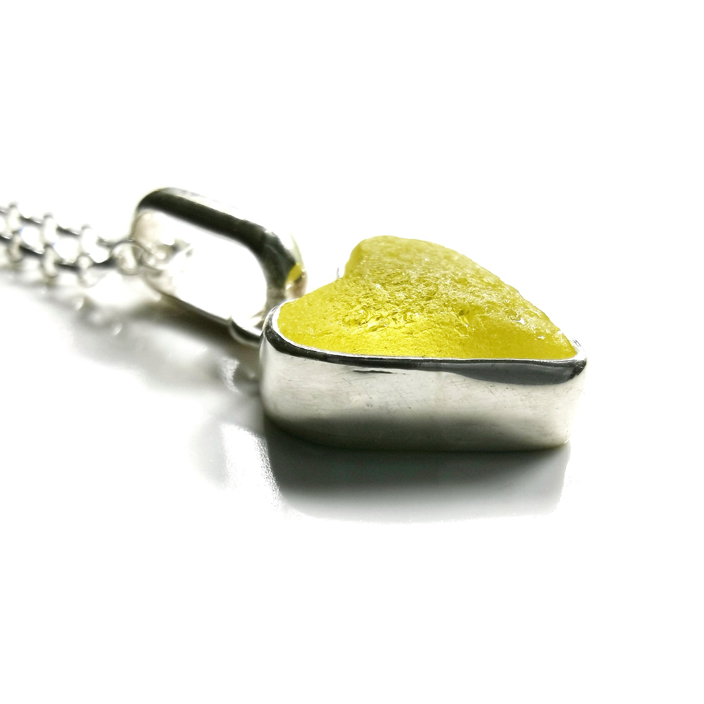 Scottish yellow UV sea glass & sterling silver heart pendant.