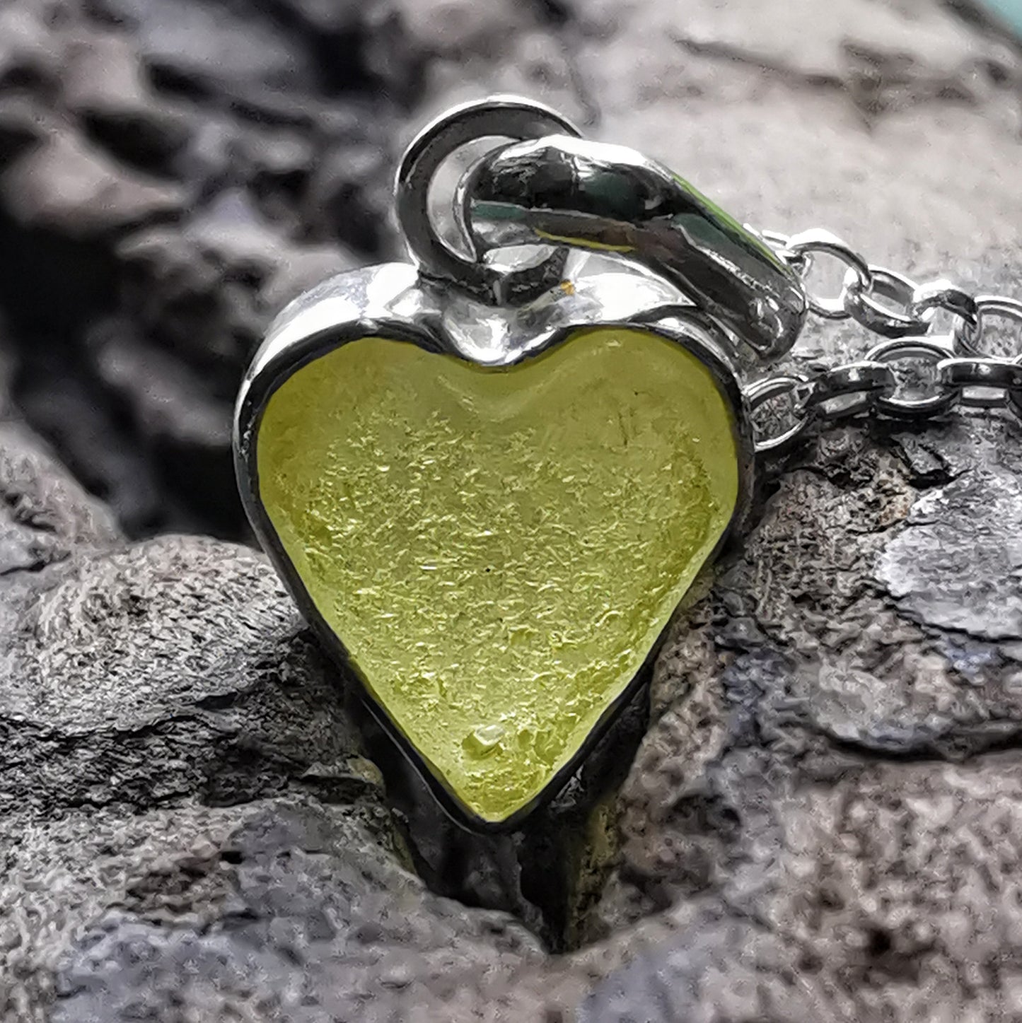 Scottish yellow UV sea glass & sterling silver heart pendant.