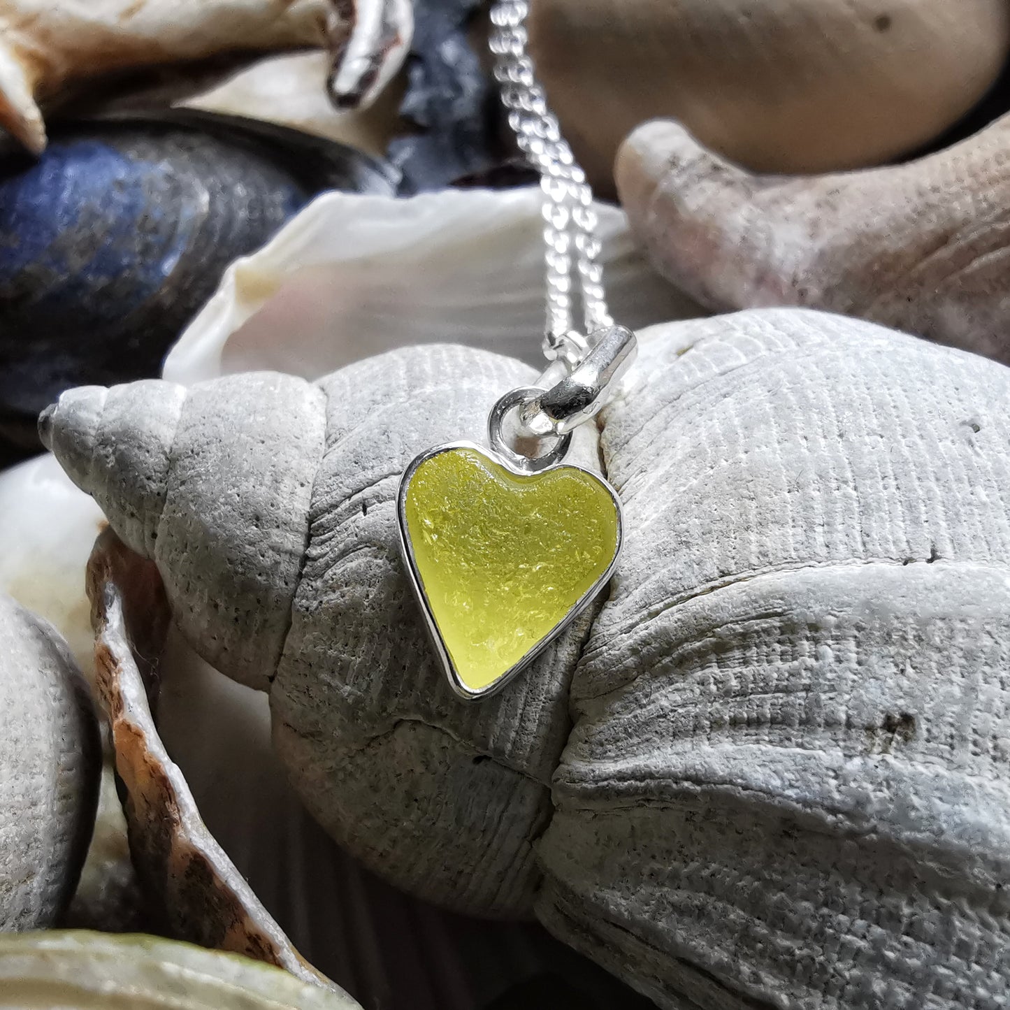 Scottish yellow UV sea glass & sterling silver heart pendant.