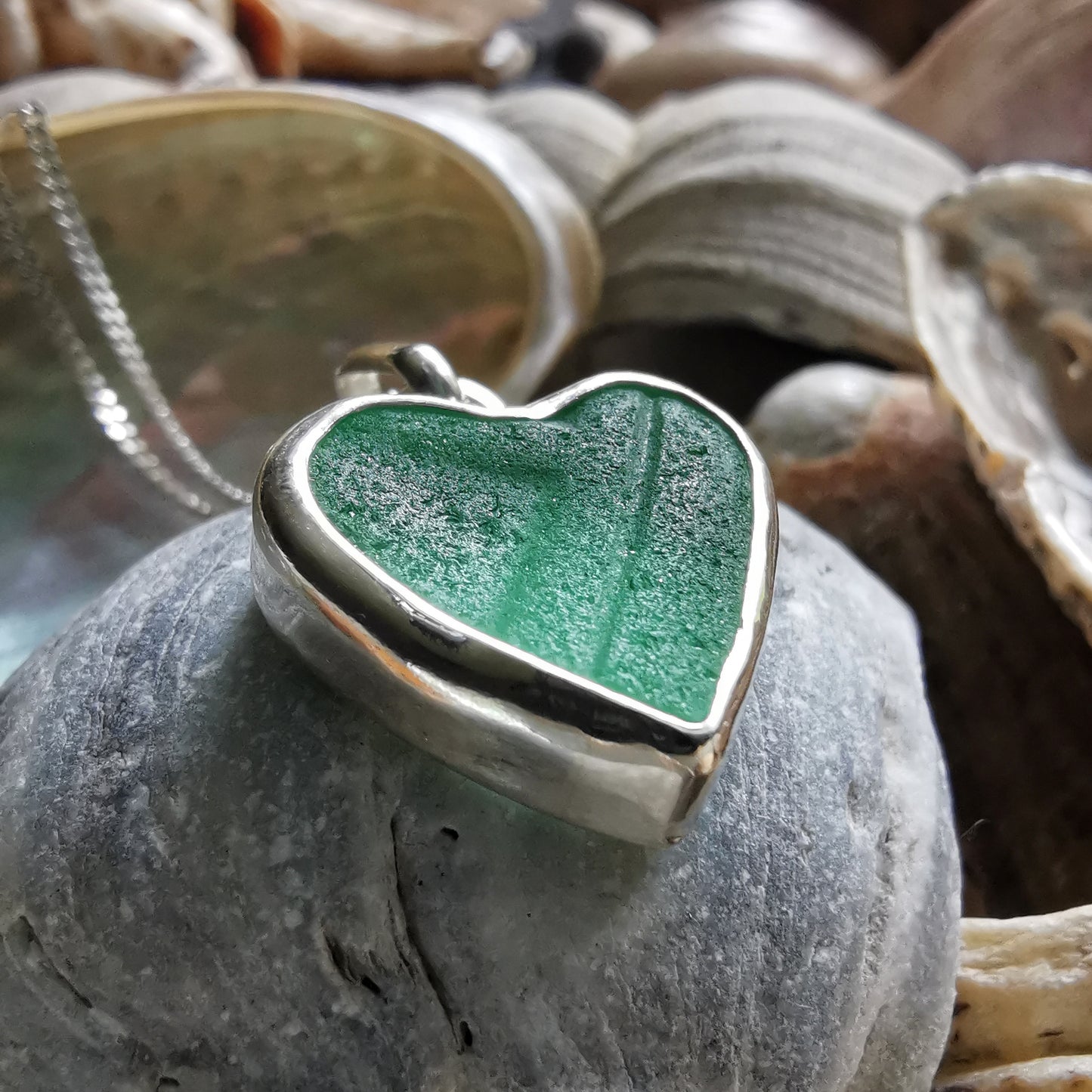 Scottish teal sea glass heart & sterling silver pendant.