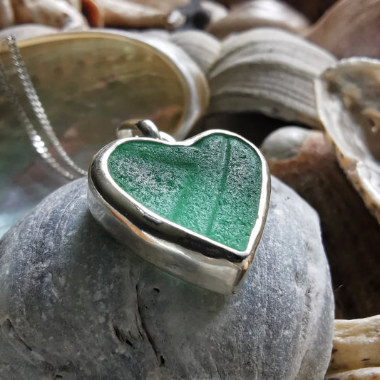 Scottish teal sea glass heart & sterling silver pendant.