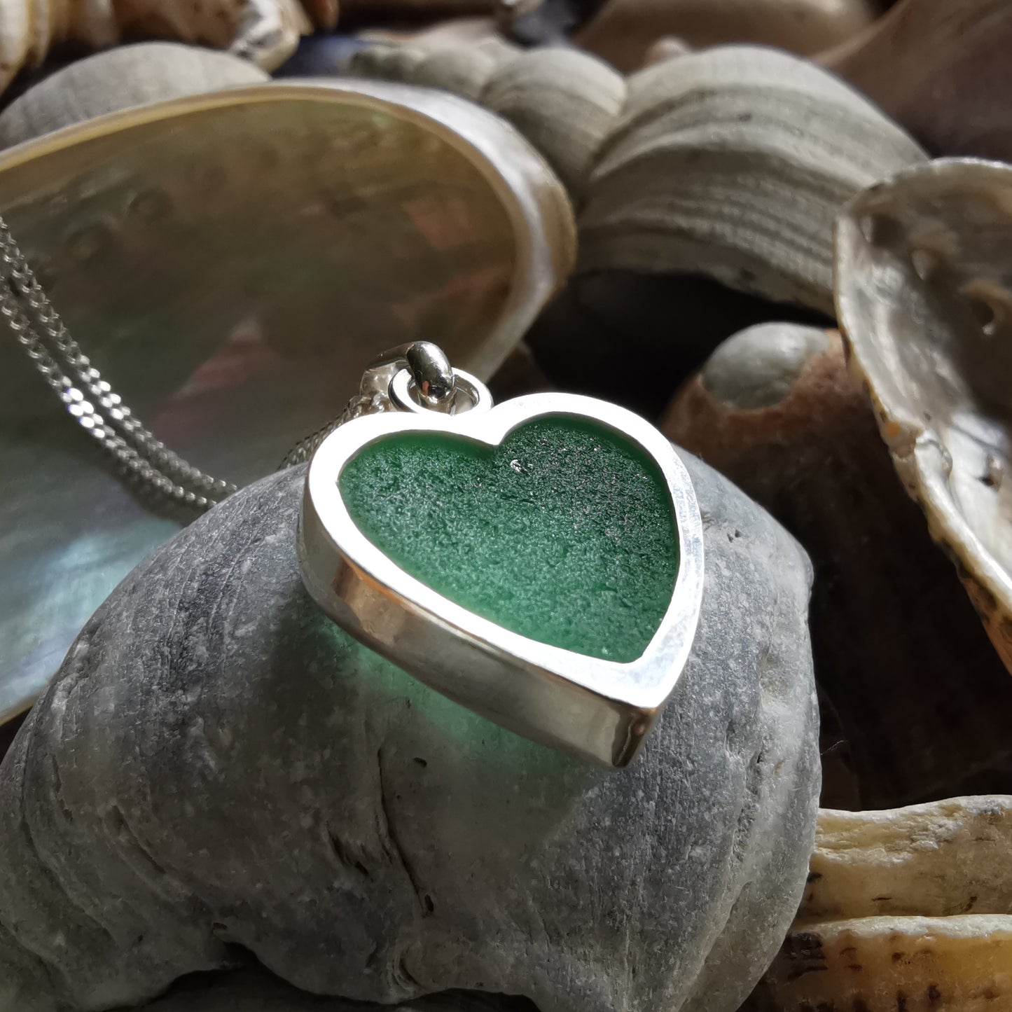 Scottish teal sea glass heart & sterling silver pendant.