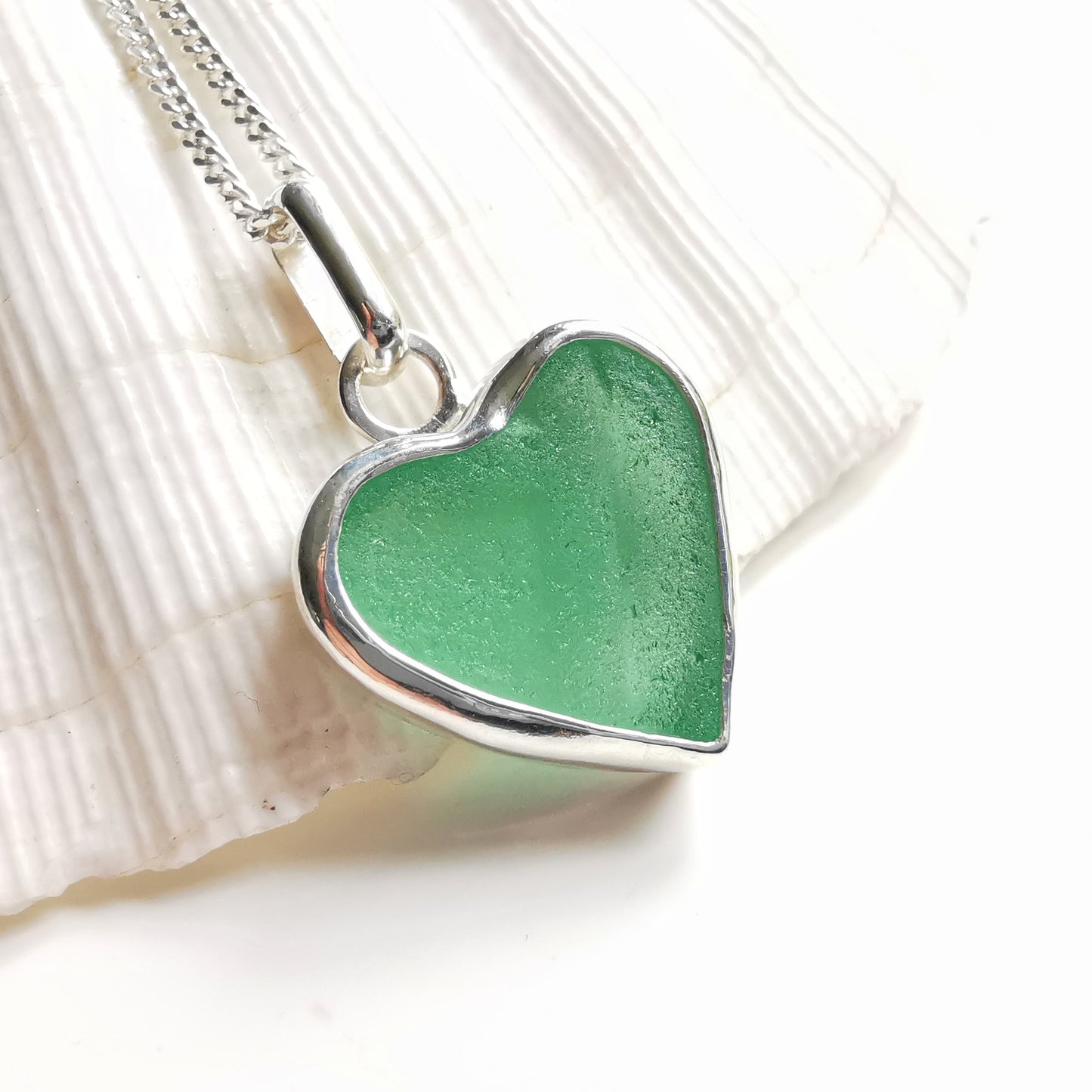 Scottish teal sea glass heart & sterling silver pendant.