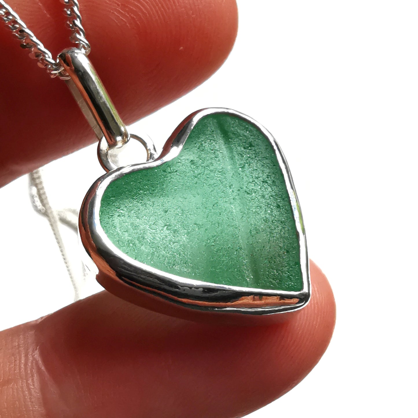 Scottish teal sea glass heart & sterling silver pendant.