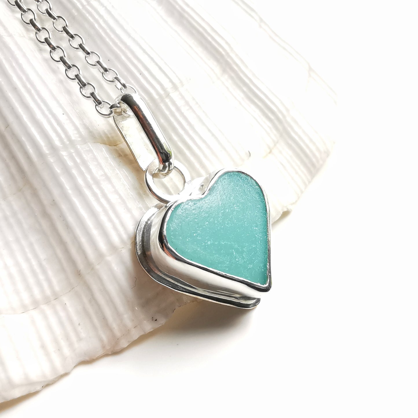 Scottish turquoise sea glass heart & sterling silver pendant.