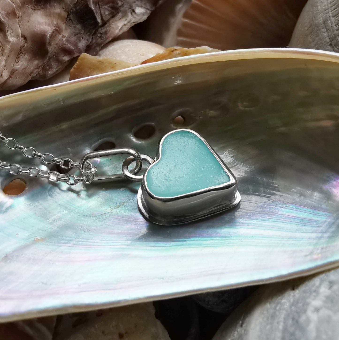 Scottish turquoise sea glass heart & sterling silver pendant.