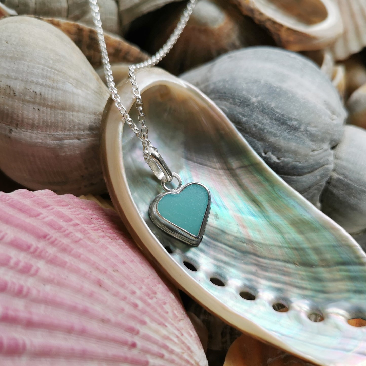 Scottish turquoise sea glass heart & sterling silver pendant.
