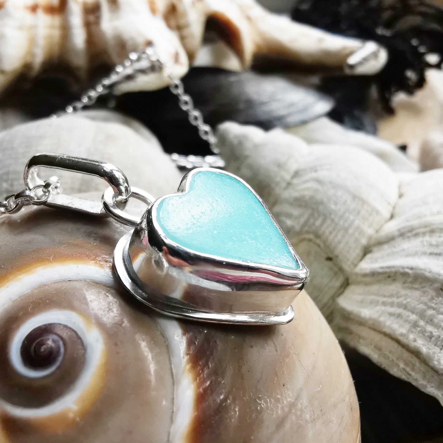 Scottish turquoise sea glass heart & sterling silver pendant.